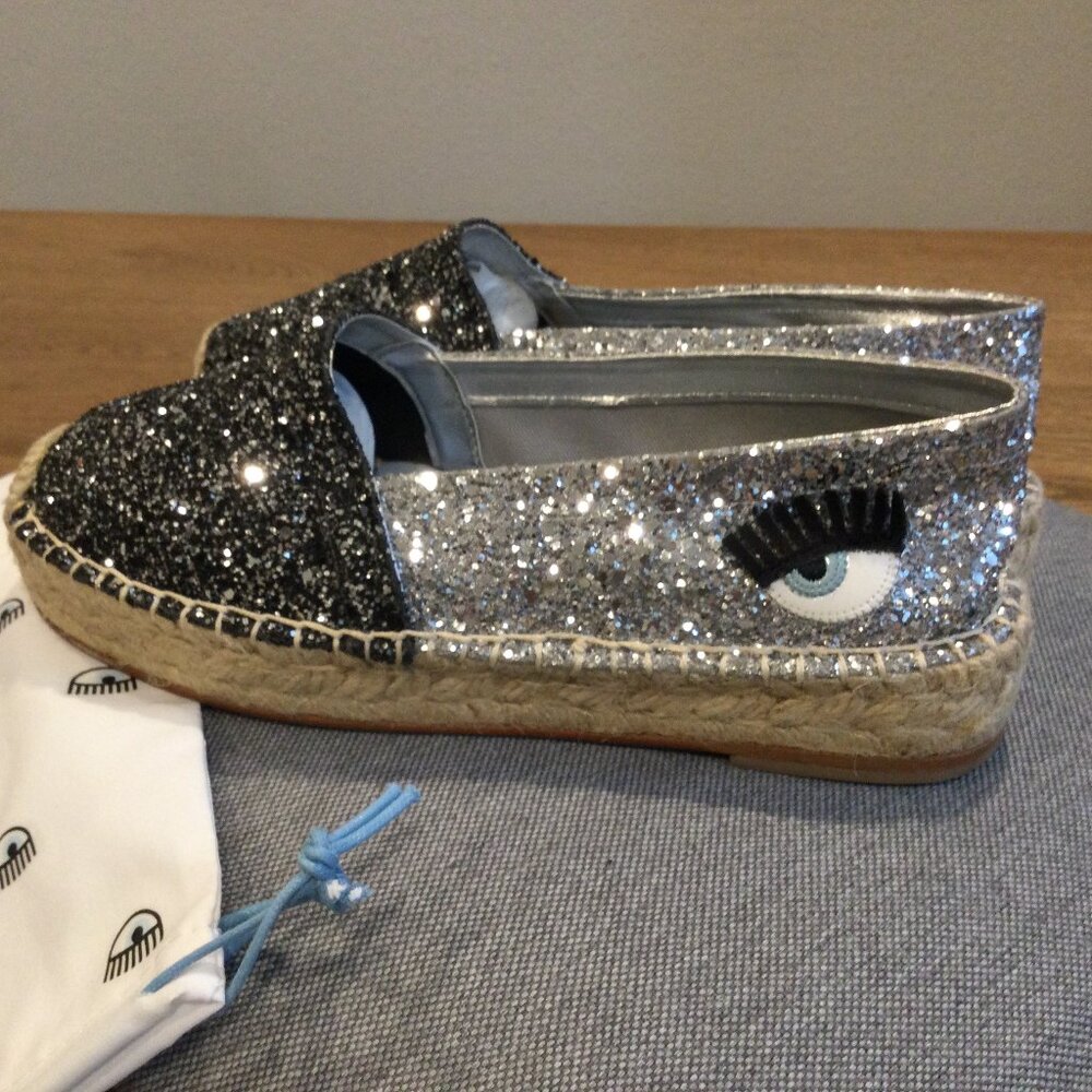 Chiara Ferragni Silver Glitter Eye Logo Espadrilles Flats EU 37 Flatform
